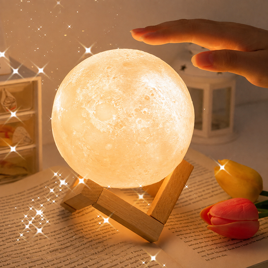Luminária Lua 3D com Base de Madeira
