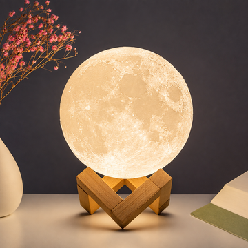 Luminária Lua 3D com Base de Madeira