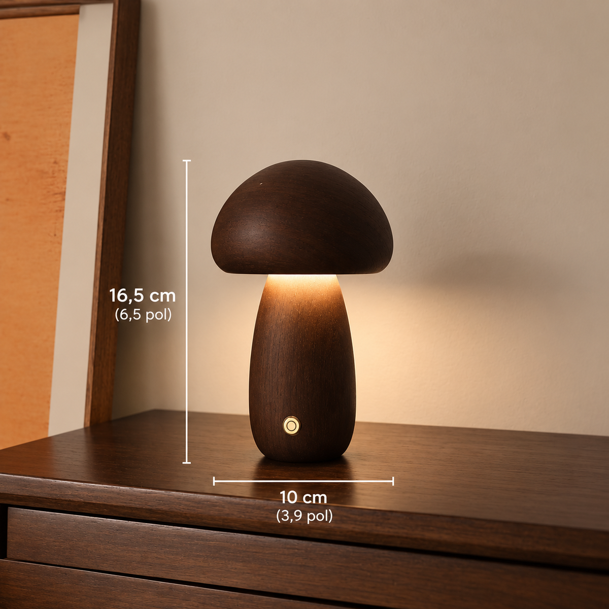 Luminária Cogumelo de Madeira - modelo escuro alto com dimensões