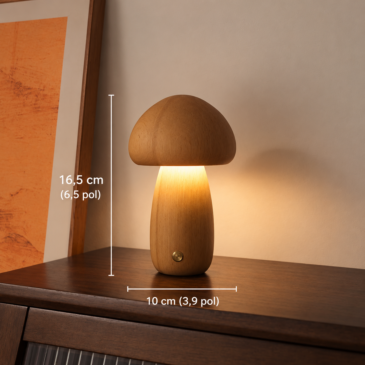 Luminária Cogumelo de Madeira - modelo claro alto com dimensões