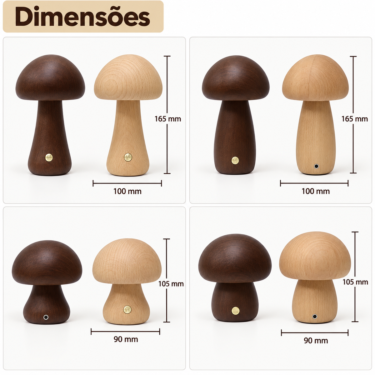 Luminária Cogumelo de Madeira - dimensões dos modelos