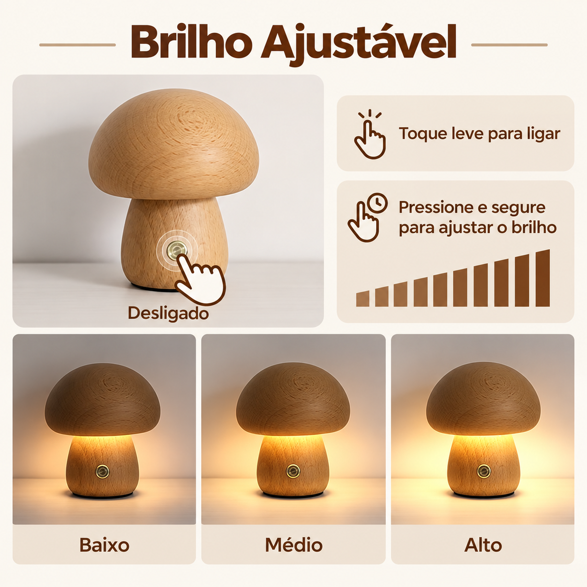 Luminária Cogumelo de Madeira - brilho ajustável por toque