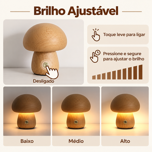 Luminária Cogumelo de Madeira - brilho ajustável por toque