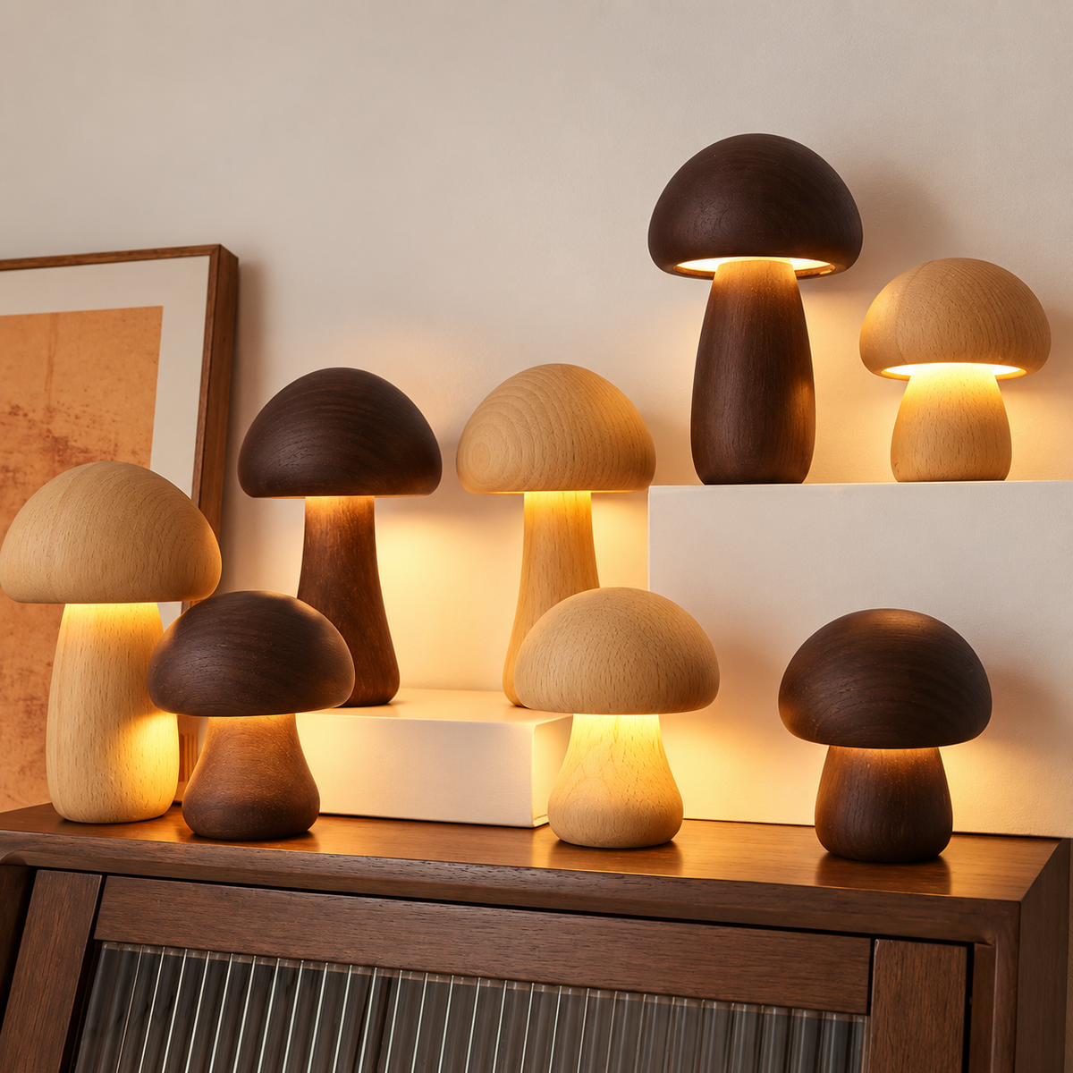 Luminárias Cogumelo de Madeira - modelos claro e escuro